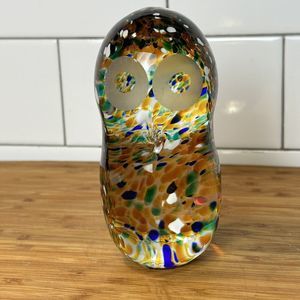 Art Glass Owl Hand Blown Paperweight Figurine Multicolored